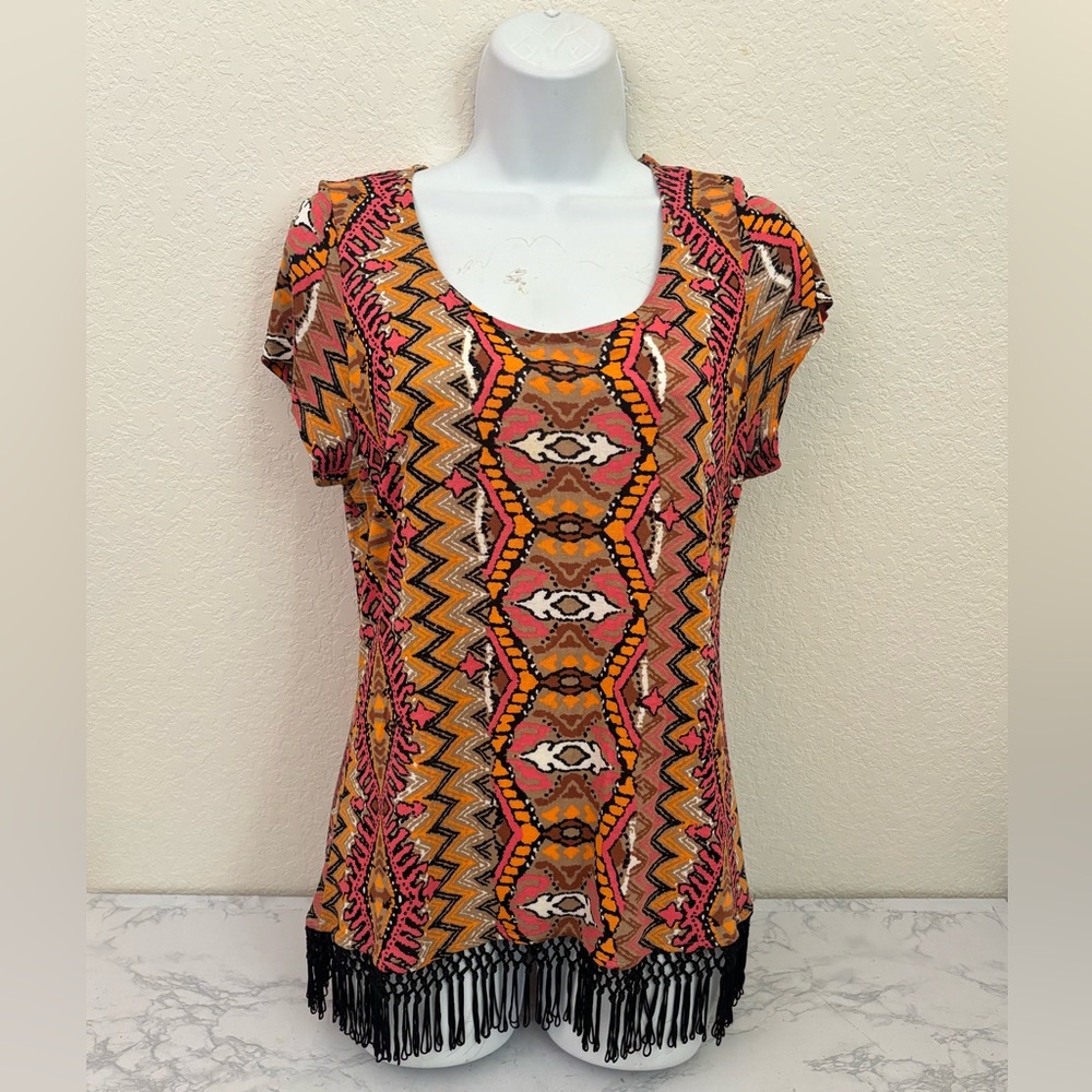 INC International Concepts Short Sleeve Top Women’s M Blouse Black Fringe Aztec - Picture 1 of 4